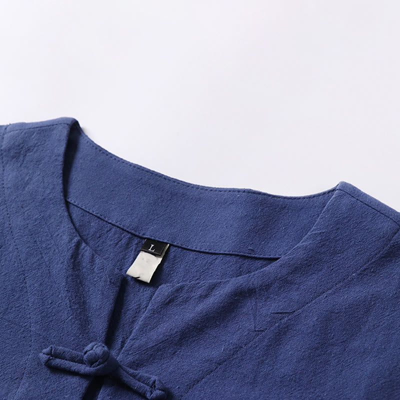 Buddha Stones Einfarbiges Kurzarm-Herrenhemd aus Baumwolle und Leinen mit einem Froschknopf - image 7