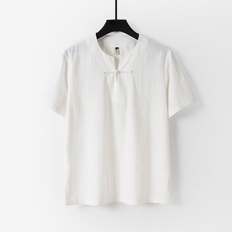Buddha Stones Einfarbiges Kurzarm-Herrenhemd aus Baumwolle und Leinen mit einem Froschknopf - Weiß - US/ UK/AU54, EU64 (9XL) - image 1