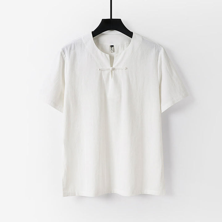 Buddha Stones Einfarbiges Kurzarm-Herrenhemd aus Baumwolle und Leinen mit einem Froschknopf - Weiß - US/ UK/AU54, EU64 (9XL) - image 1