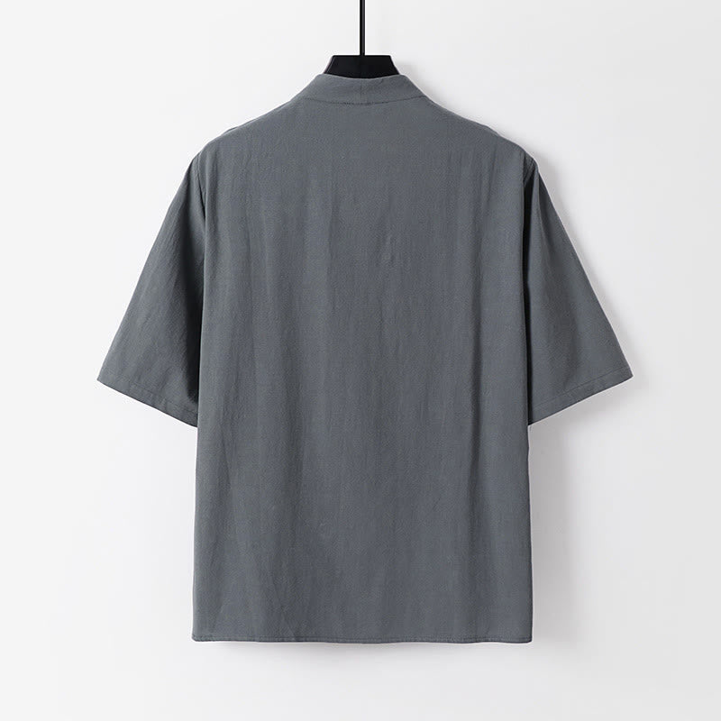 Buddha Stones Lässiges, einfarbiges Herrenhemd aus Baumwolle mit zwei Knöpfen, V-Ausschnitt und Dreiviertelärmeln - image 3