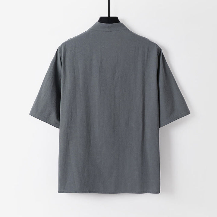 Buddha Stones Lässiges, einfarbiges Herrenhemd aus Baumwolle mit zwei Knöpfen, V-Ausschnitt und Dreiviertelärmeln - image 3