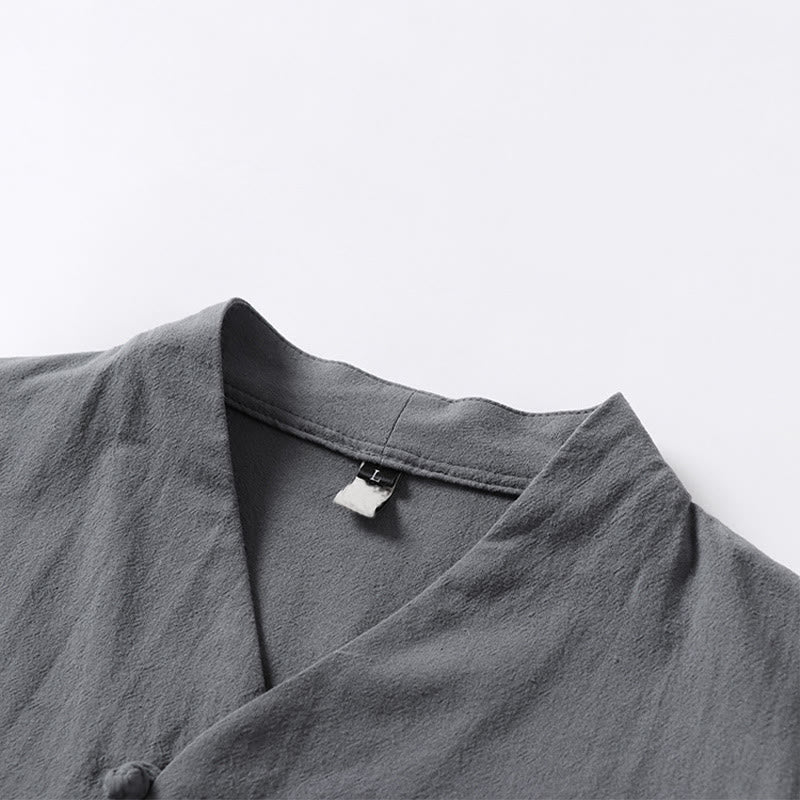 Buddha Stones Lässiges, einfarbiges Herrenhemd aus Baumwolle mit zwei Knöpfen, V-Ausschnitt und Dreiviertelärmeln - image 5