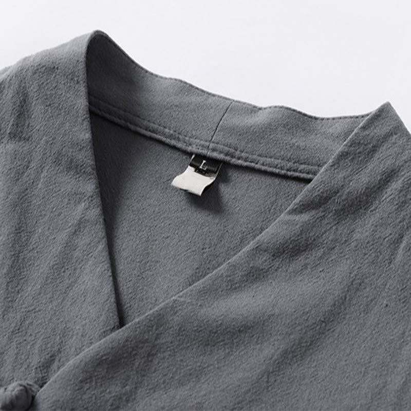 Buddha Stones Lässiges, einfarbiges Herrenhemd aus Baumwolle mit zwei Knöpfen, V-Ausschnitt und Dreiviertelärmeln - image 6