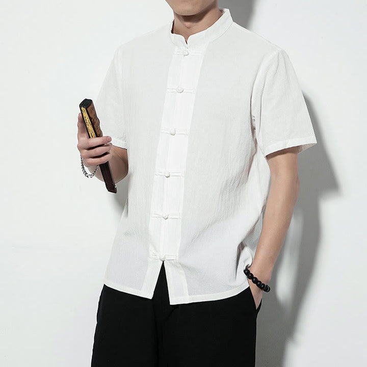 Buddha Stones Lässiges, einfarbiges, vorne mit Froschknöpfen versehenes, chinesisches Tang-Anzug-Kurzarm-Herrenhemd aus Leinen - image 16