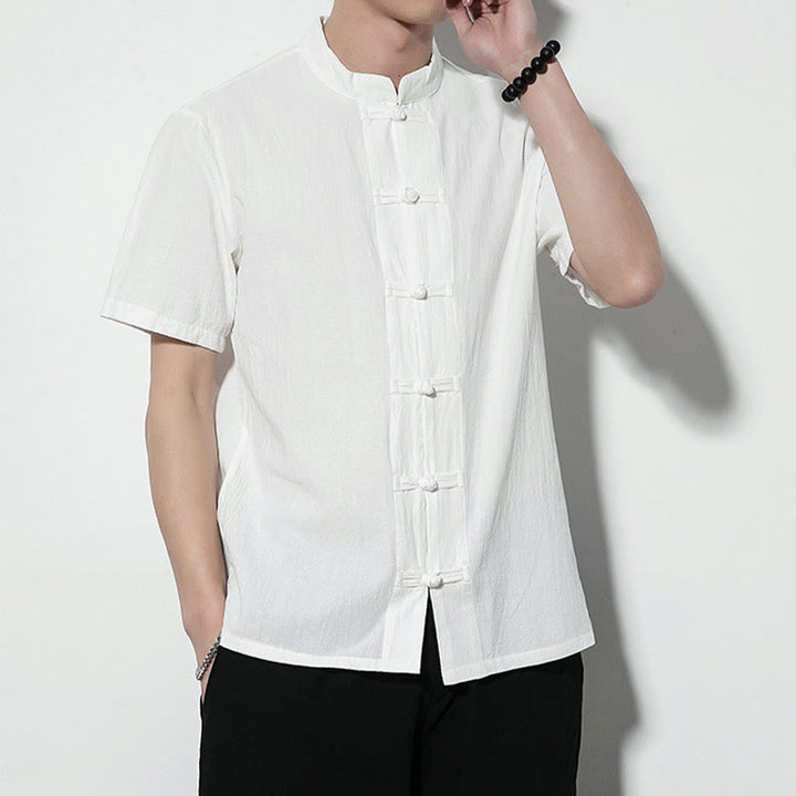 Buddha Stones Lässiges, einfarbiges, vorne mit Froschknöpfen versehenes, chinesisches Tang-Anzug-Kurzarm-Herrenhemd aus Leinen - image 12