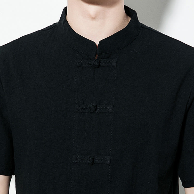 Buddha Stones Lässiges, einfarbiges, vorne mit Froschknöpfen versehenes, chinesisches Tang-Anzug-Kurzarm-Herrenhemd aus Leinen - image 19