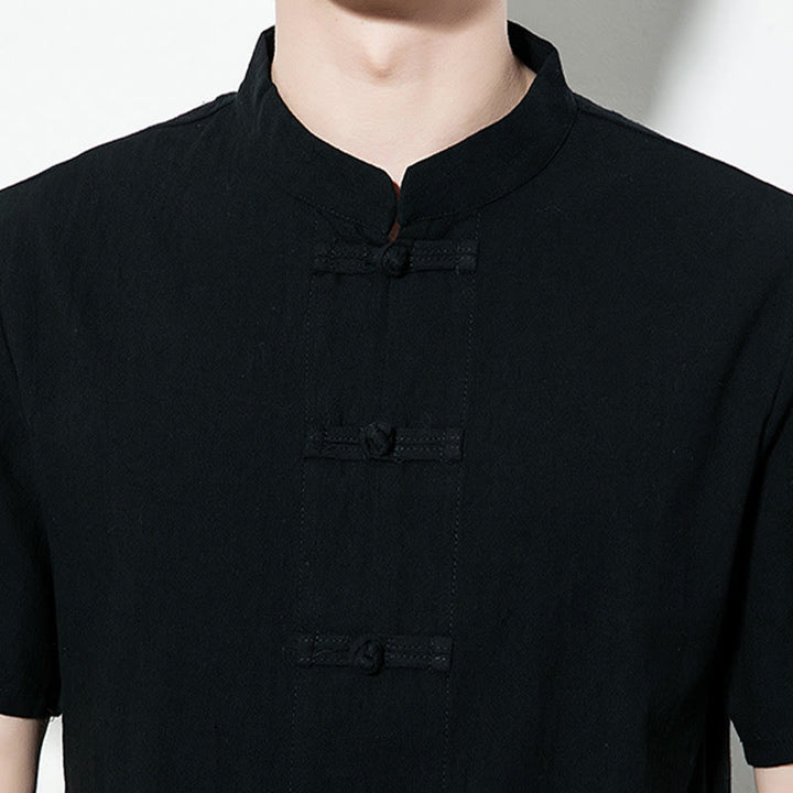 Buddha Stones Lässiges, einfarbiges, vorne mit Froschknöpfen versehenes, chinesisches Tang-Anzug-Kurzarm-Herrenhemd aus Leinen - image 19