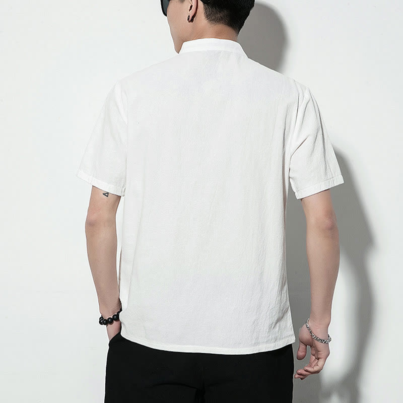 Buddha Stones Lässiges, einfarbiges, vorne mit Froschknöpfen versehenes, chinesisches Tang-Anzug-Kurzarm-Herrenhemd aus Leinen - image 13