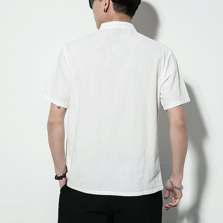 Buddha Stones Lässiges, einfarbiges, vorne mit Froschknöpfen versehenes, chinesisches Tang-Anzug-Kurzarm-Herrenhemd aus Leinen - image 13