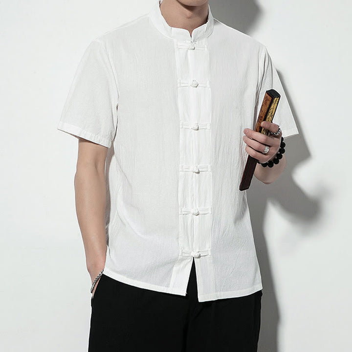 Buddha Stones Lässiges, einfarbiges, vorne mit Froschknöpfen versehenes, chinesisches Tang-Anzug-Kurzarm-Herrenhemd aus Leinen - image 15