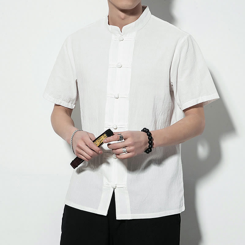 Buddha Stones Lässiges, einfarbiges, vorne mit Froschknöpfen versehenes, chinesisches Tang-Anzug-Kurzarm-Herrenhemd aus Leinen - image 14