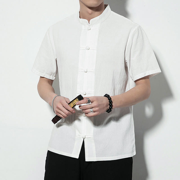 Buddha Stones Lässiges, einfarbiges, vorne mit Froschknöpfen versehenes, chinesisches Tang-Anzug-Kurzarm-Herrenhemd aus Leinen - image 14