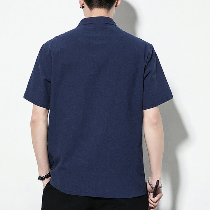 Buddha Stones Lässiges, einfarbiges, vorne mit Froschknöpfen versehenes, chinesisches Tang-Anzug-Kurzarm-Herrenhemd aus Leinen - image 4