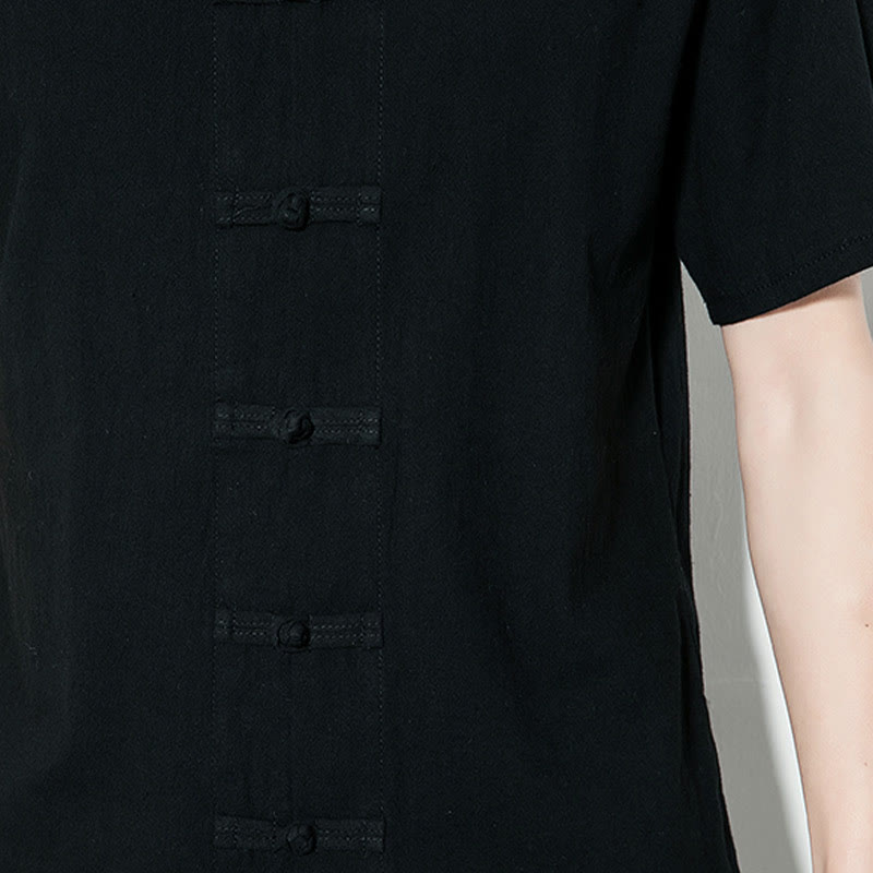 Buddha Stones Lässiges, einfarbiges, vorne mit Froschknöpfen versehenes, chinesisches Tang-Anzug-Kurzarm-Herrenhemd aus Leinen - image 21