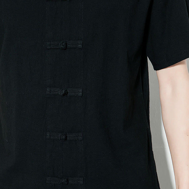 Buddha Stones Lässiges, einfarbiges, vorne mit Froschknöpfen versehenes, chinesisches Tang-Anzug-Kurzarm-Herrenhemd aus Leinen - image 21