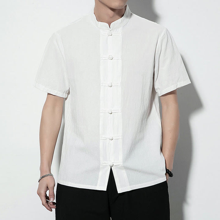 Buddha Stones Lässiges, einfarbiges, vorne mit Froschknöpfen versehenes, chinesisches Tang-Anzug-Kurzarm-Herrenhemd aus Leinen - image 11