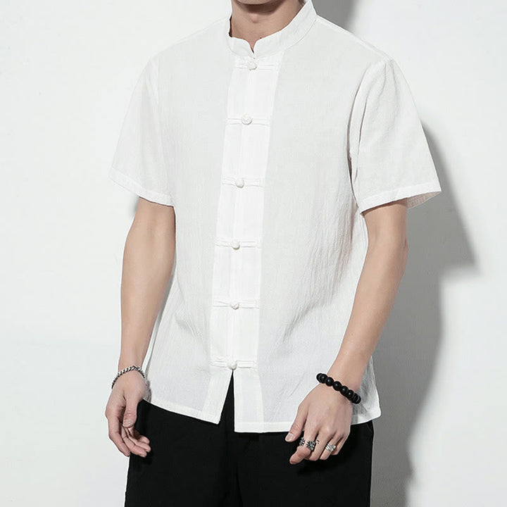 Buddha Stones Lässiges, einfarbiges, vorne mit Froschknöpfen versehenes, chinesisches Tang-Anzug-Kurzarm-Herrenhemd aus Leinen - image 10