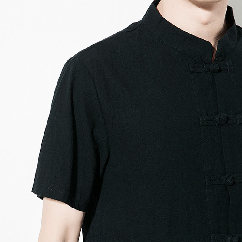 Buddha Stones Lässiges, einfarbiges, vorne mit Froschknöpfen versehenes, chinesisches Tang-Anzug-Kurzarm-Herrenhemd aus Leinen - image 20