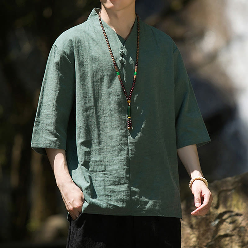 Buddha Stones Lässiges, einfarbiges Herrenhemd aus Baumwolle und Leinen mit zwei Knöpfen, V-Ausschnitt und Dreiviertelärmeln - image 15
