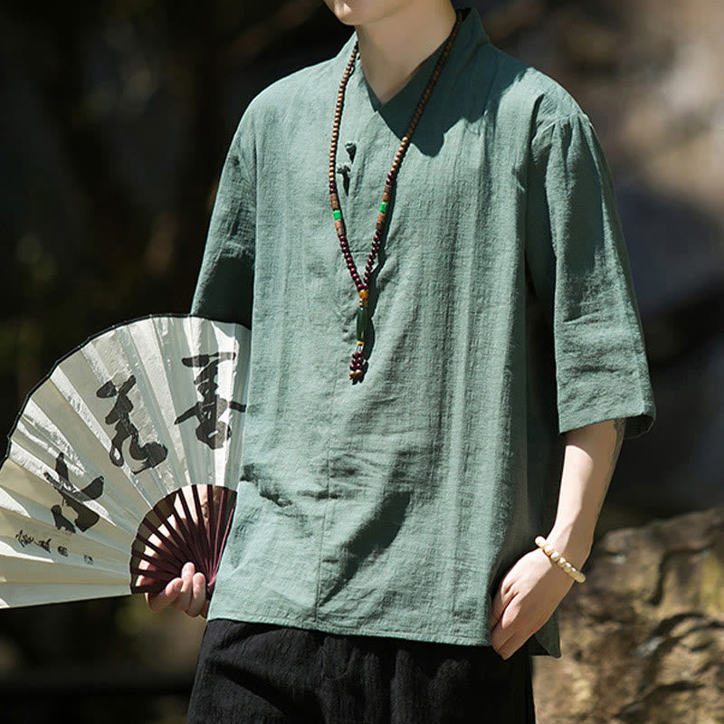 Buddha Stones Lässiges, einfarbiges Herrenhemd aus Baumwolle und Leinen mit zwei Knöpfen, V-Ausschnitt und Dreiviertelärmeln - image 12