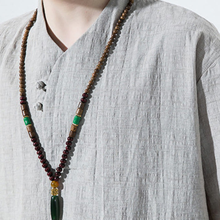 Buddha Stones Lässiges, einfarbiges Herrenhemd aus Baumwolle und Leinen mit zwei Knöpfen, V-Ausschnitt und Dreiviertelärmeln - image 9