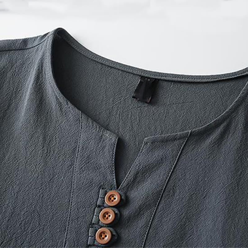 Buddha Stones Einfarbiges Herrenhemd aus Baumwolle und Leinen mit V-Ausschnitt, drei Knöpfen oben und kurzen Ärmeln - image 5