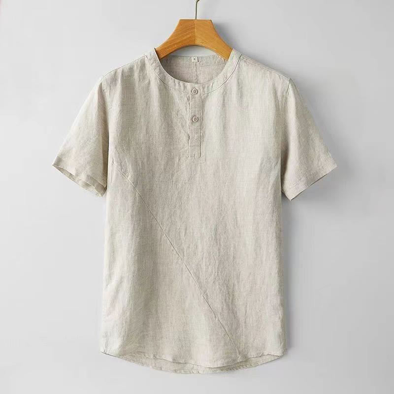 Buddha Stones Herrenhemd, einfarbig, kurzärmelig, zwei Knöpfe, Polyester-Leinen - Beige - US/ UK/AU44, EU54 (4XL) - image 6
