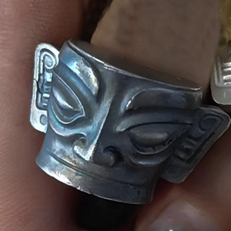 Buddha Stones 999 Sterling Silber Handguss Sanxingdui Maske Schutzring - 999 Sterling Silber Vintage - US10 - image 13
