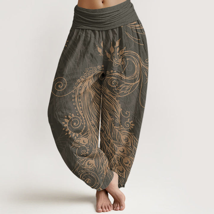 Buddha Stones Lässige Haremshose für Damen mit Pfauen-Design und elastischer Taille