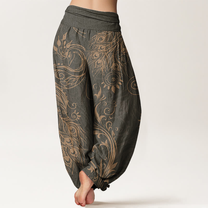Buddha Stones Baumwoll-Haremshose mit Pfauenmuster und elastischem Bund für Damen - image 1