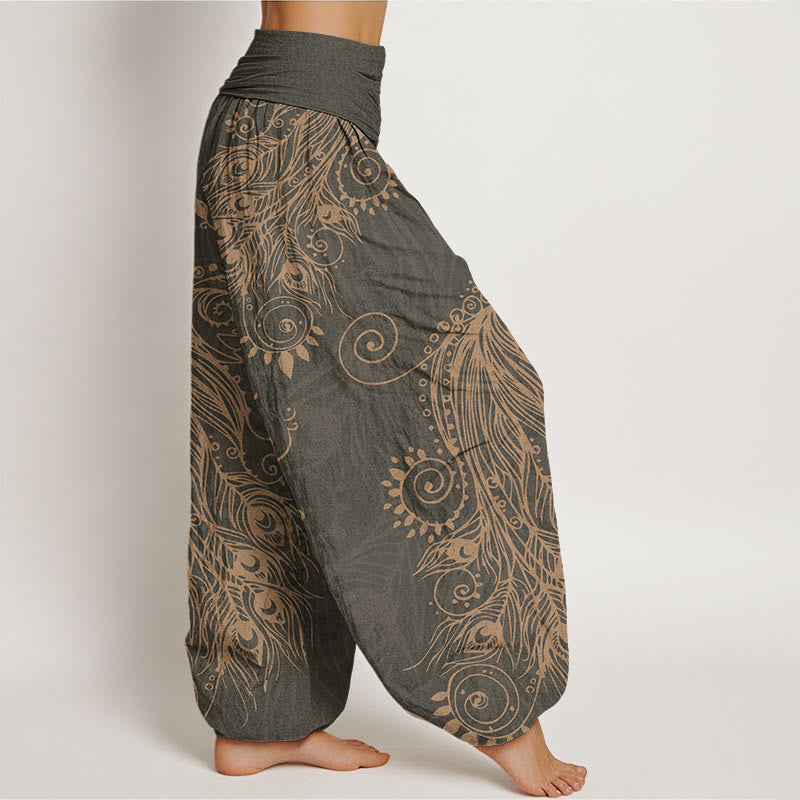 Buddha Stones Lässige Haremshose für Damen mit Pfauen-Design und elastischer Taille