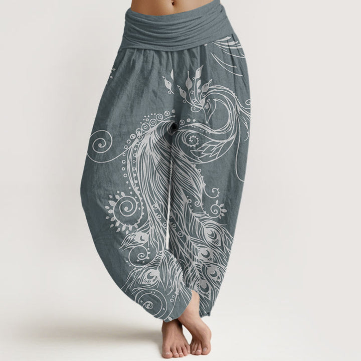 Buddha Stones Lässige Haremshose für Damen mit Pfauen-Design und elastischer Taille