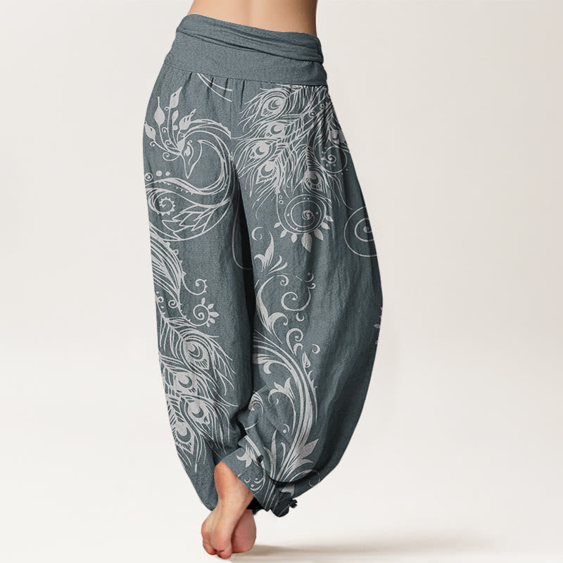 Buddha Stones Lässige Haremshose für Damen mit Pfauen-Design und elastischer Taille