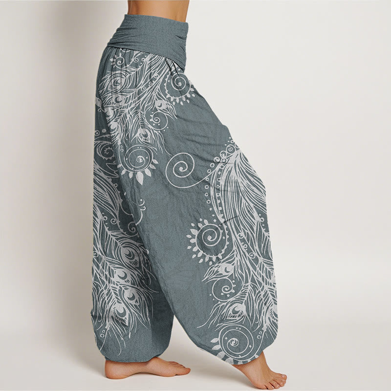 Buddha Stones Lässige Haremshose für Damen mit Pfauen-Design und elastischer Taille