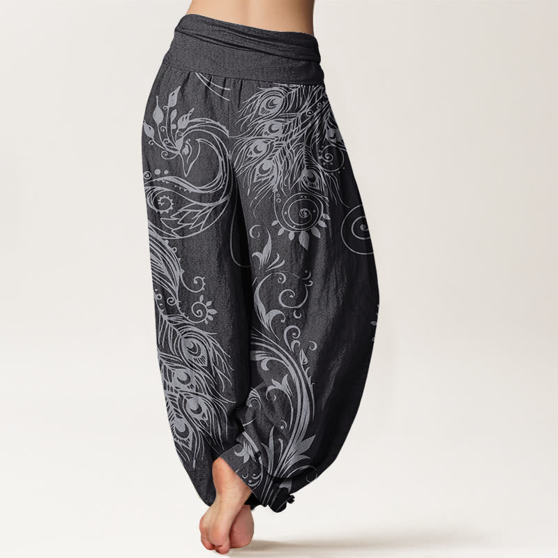 Buddha Stones Lässige Haremshose für Damen mit Pfauen-Design und elastischer Taille