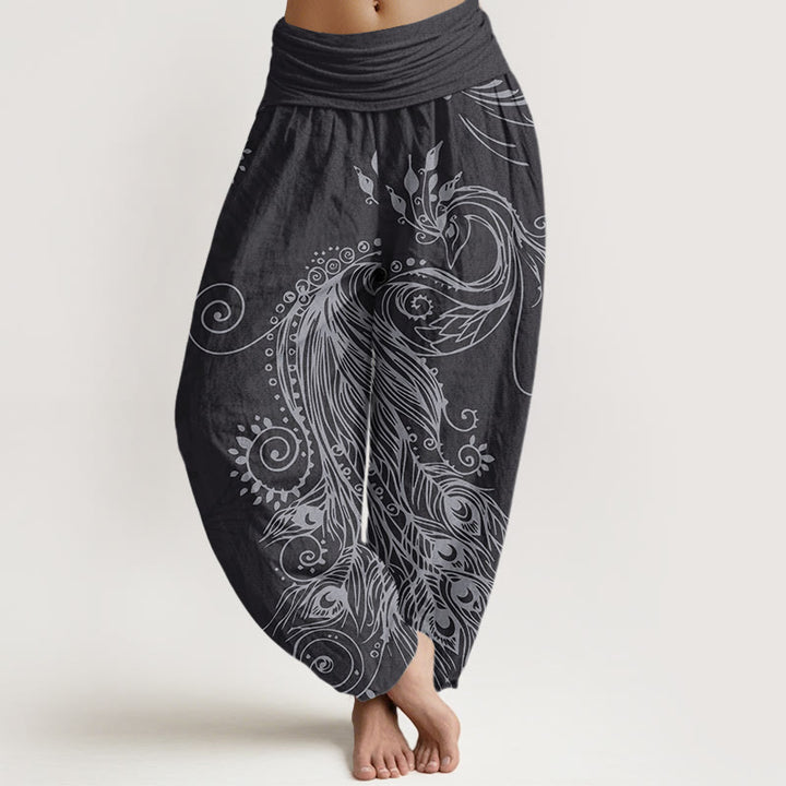 Buddha Stones Lässige Haremshose für Damen mit Pfauen-Design und elastischer Taille