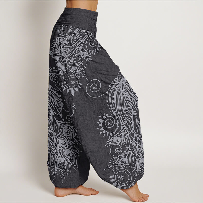 Buddha Stones Lässige Haremshose für Damen mit Pfauen-Design und elastischer Taille