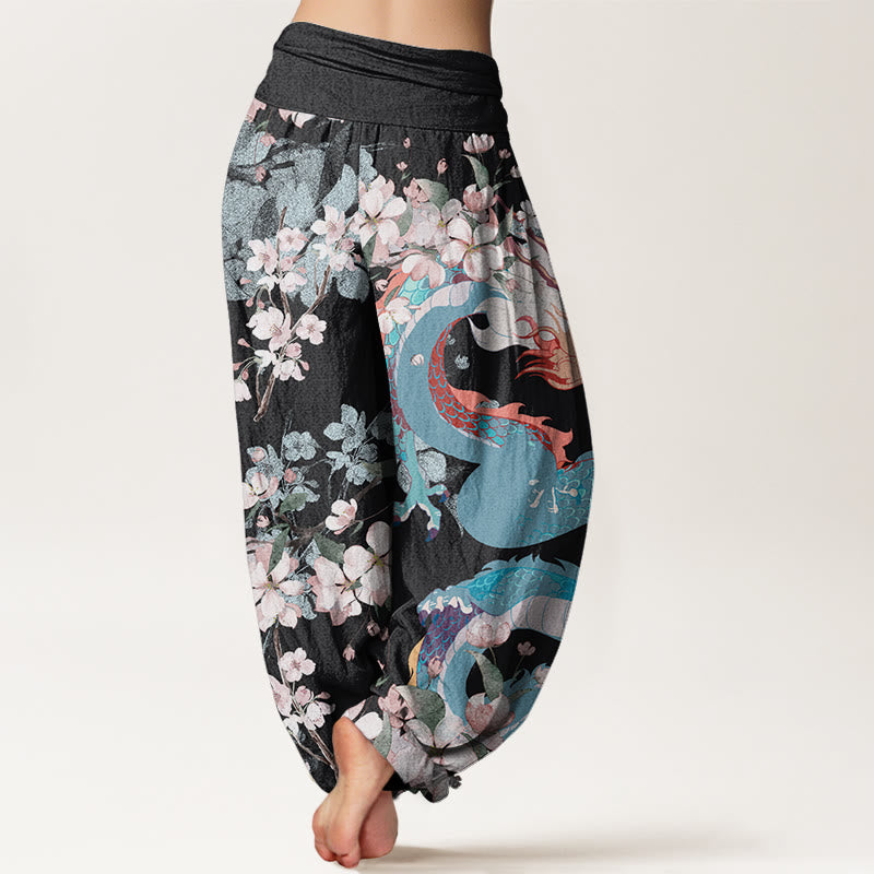 Buddha Stones Lässige Haremshose für Damen mit elastischer Taille und Drachen-Kirschblüten - image 2