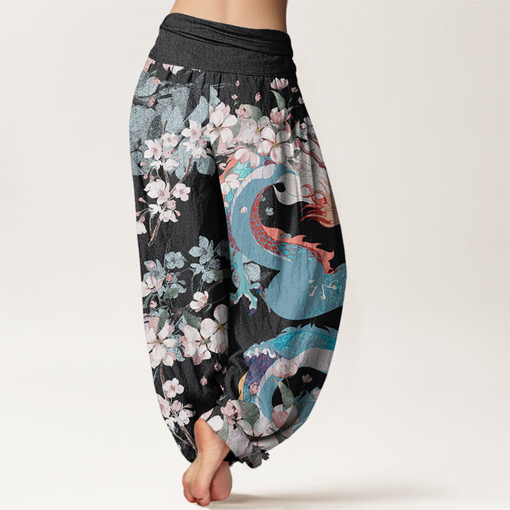 Buddha Stones Lässige Haremshose für Damen mit elastischer Taille und Drachen-Kirschblüten - image 2