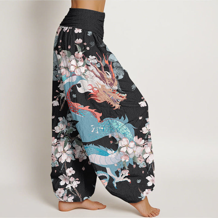 Buddha Stones Lässige Haremshose für Damen mit elastischer Taille und Drachen-Kirschblüten - image 3