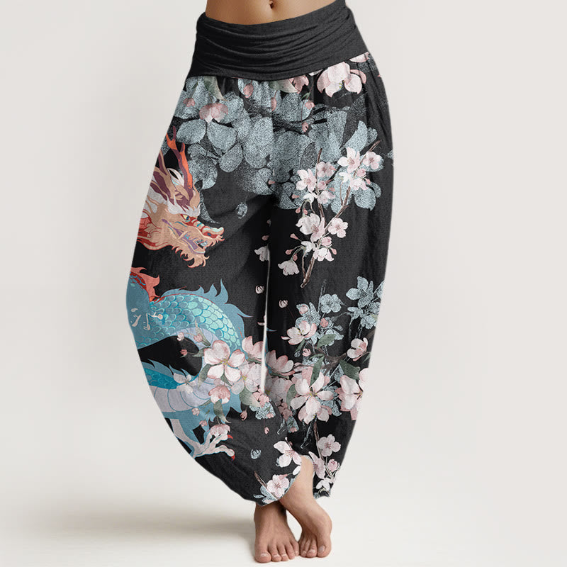Buddha Stones Baumwoll-Haremshose mit Drachen- und Kirschblütenmuster für Damen mit elastischem Bund - Schwarz - US22, UK/AU26, EU54 (6XL) - image 0