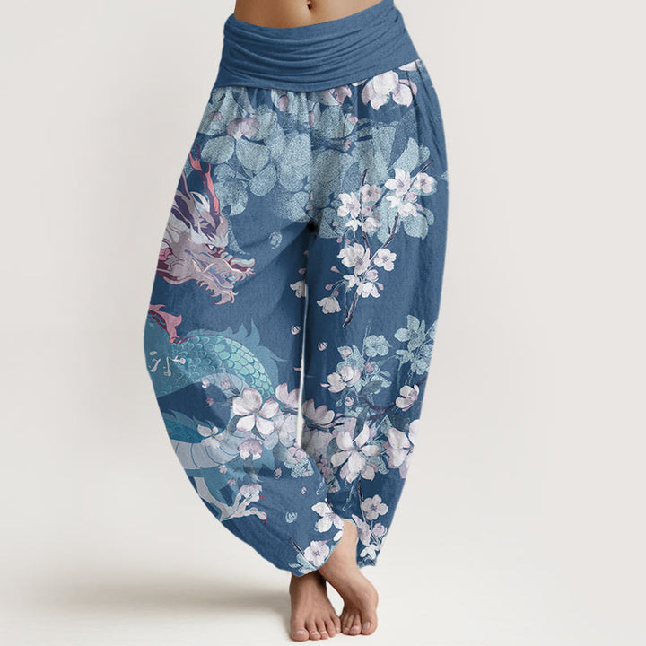 Buddha Stones Lässige Haremshose für Damen mit elastischer Taille und Drachen-Kirschblüten - Stahlblau - US22， UK/AU26，EU54 (6XL) - image 5