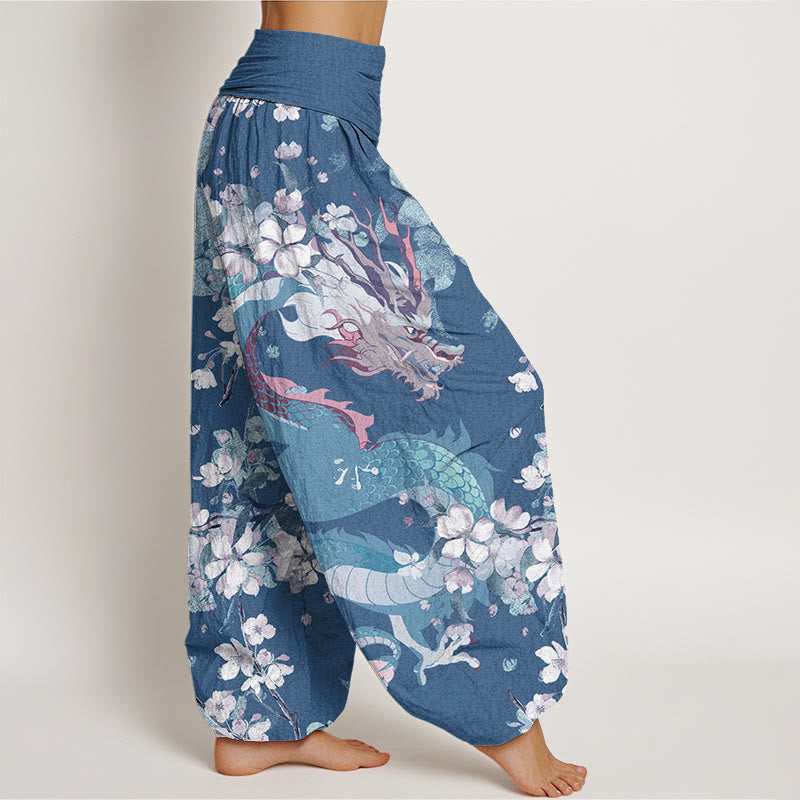 Buddha Stones Lässige Haremshose für Damen mit elastischer Taille und Drachen-Kirschblüten - image 7