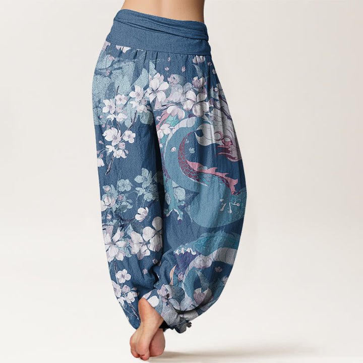 Buddha Stones Lässige Haremshose für Damen mit elastischer Taille und Drachen-Kirschblüten - image 6
