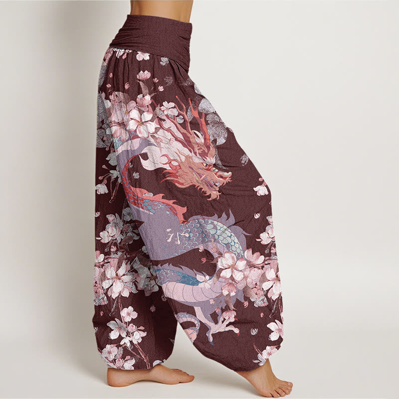 Buddha Stones Lässige Haremshose für Damen mit elastischer Taille und Drachen-Kirschblüten - image 10