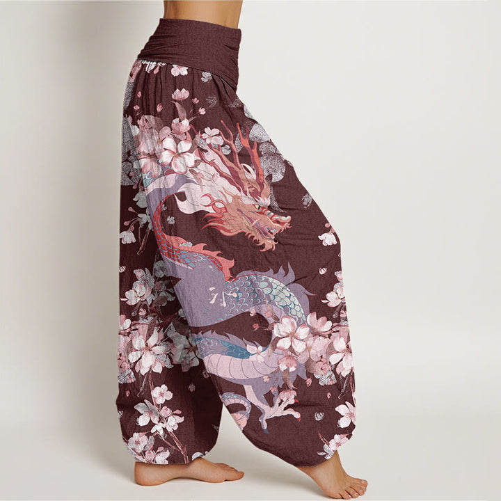 Buddha Stones Lässige Haremshose für Damen mit elastischer Taille und Drachen-Kirschblüten - image 10