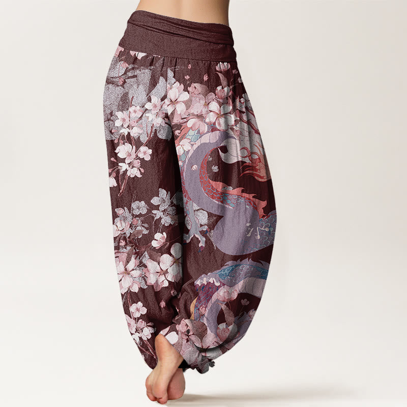 Buddha Stones Lässige Haremshose für Damen mit elastischer Taille und Drachen-Kirschblüten - image 9