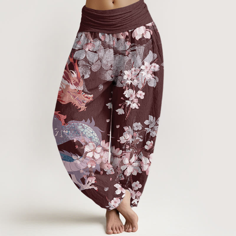 Buddha Stones Lässige Haremshose für Damen mit elastischer Taille und Drachen-Kirschblüten - Kastanienbraun - US22， UK/AU26，EU54 (6XL) - image 8