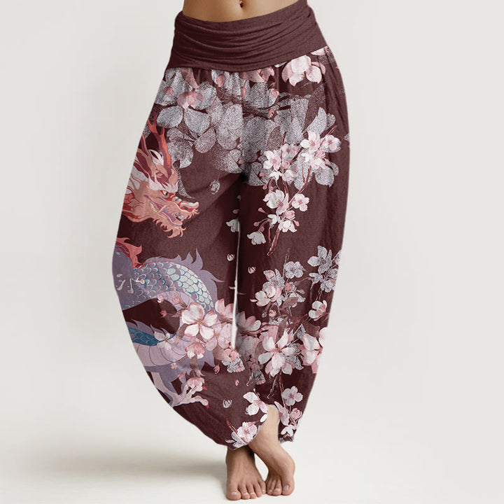 Buddha Stones Lässige Haremshose für Damen mit elastischer Taille und Drachen-Kirschblüten - Kastanienbraun - US22， UK/AU26，EU54 (6XL) - image 8