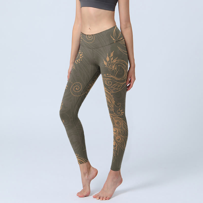 Buddha Stones Pfauenfeder Druck Gym Leggings Damen Yoga Hose - DunkelOlivGrün - US18， UK/AU22，EU50 (4XL) - image 1